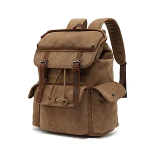 Washed Canvas Leather Hiking Daypack Laptop School Bag Shoulder Backpack Unisex Satchel Bookbag Mountaineering Rucksack