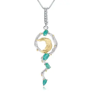 C4524 Abiding Natural Green Agate Gemstone Fashion Pendant 925 Sterling Silver Handmade Moon Necklace for Women