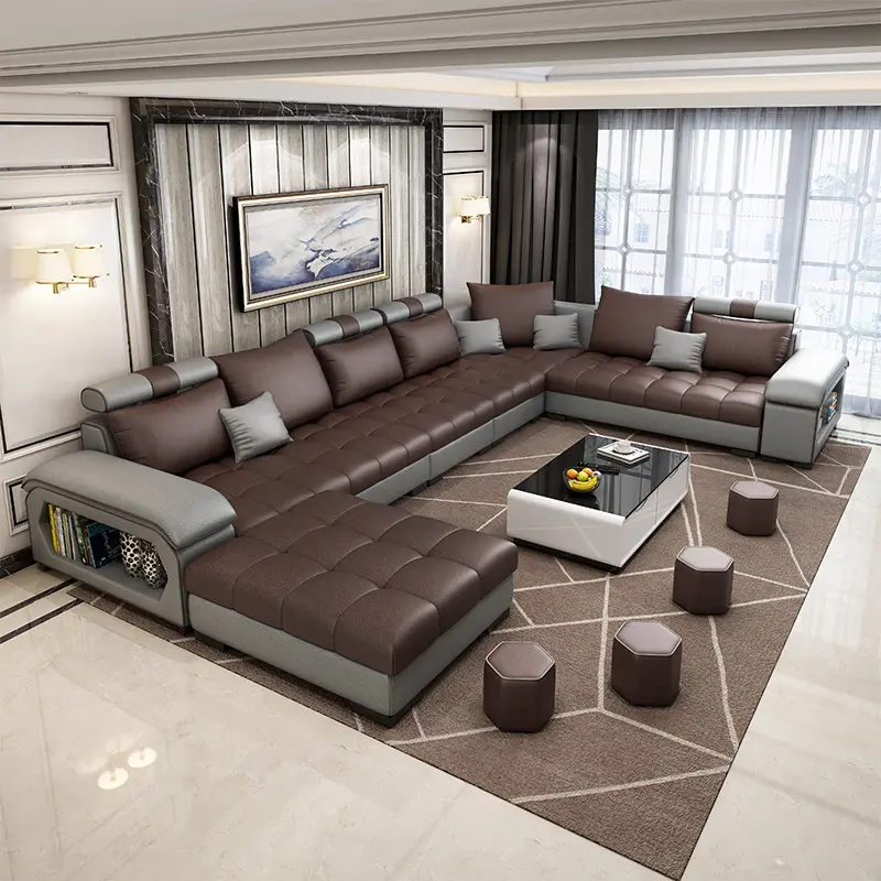 Desain Modern ruang tamu furnitur mewah multifungsi, Set Sofa bentuk U kain Sofa sudut dengan Speaker Usb 7 tempat duduk