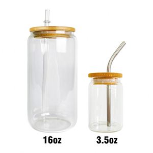 3.5Oz Mini Clear Frosted Glass Can Bamboo Lids With Stainless Steel <b>Straws</b> - Product Image 3