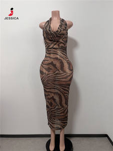 L0868-Ingrosso Elegante Abito Lungo Aderente con Paillettes Leopardate e Scollo a V per Donna, Vestito da Sera per Feste - Product Image 2