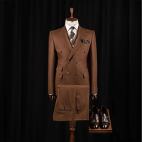 Setelan Jas Pria Cokelat Elegan Klasik Double Breasted Panjang Reguler untuk Pernikahan 2 Potong Jaket Celana Slim Fit Kostum Blazer