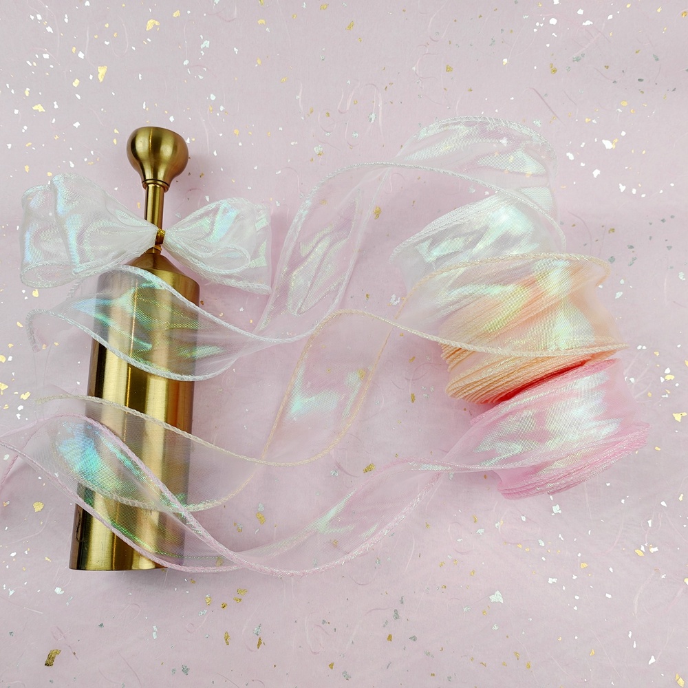 Hot Sale Custom Solid Color Sheer Chiffon Pink Silk Organza Ribbon for Wedding Gift Bouquets Wrapping