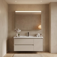 Meuble-lavabo mural en acier inoxydable avec panneau PVC, miroir LED mat blanc chaud, tiroir gauche, porte droite, rangement pour hôtel