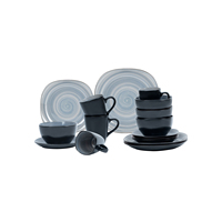 Service de table en grès de 16 pièces, assiettes carrées, bols, tasses, artisanal, glaçure réactive bleue à motif tourbillonnant, extérieur noir mat avec effet rayé