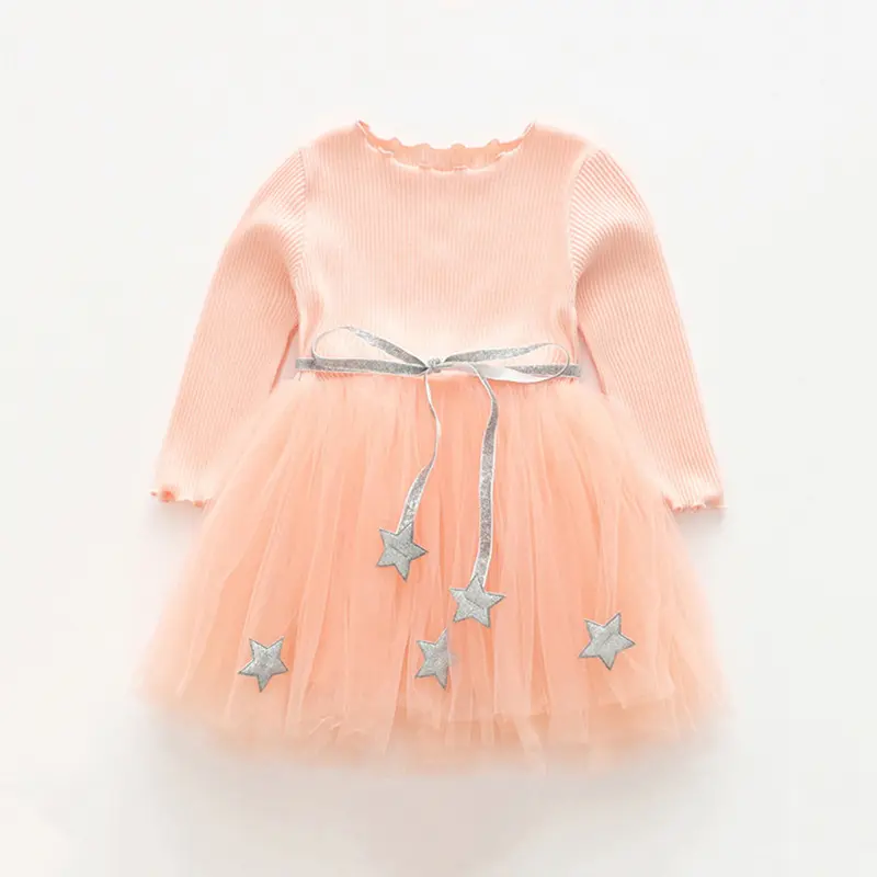 Neuestes Design geripptes Kleinkind-Mädchen-Spitzenkleid Frühjahr Herbst Kinder Tullkleider lässiges rosa Prinzessenkleid Baby-Mädchenkleidung