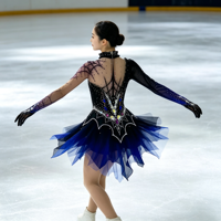 Robe de patinage artistique noire et bleu roi pour spectacle, col montant, dos en maille transparente, jupe en tulle ornée de strass pour filles et enfants