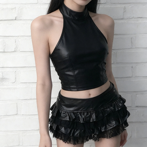 Mini-jupe en cuir PU noir pour femmes, design superposé à volants en dentelle, taille haute, jupe sexy de style gothique pour les soirées - Product Image 4