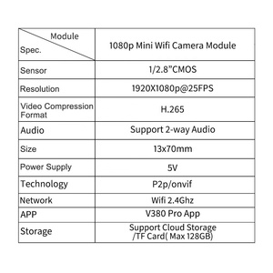 โมดูลกล้อง WiFi 13*70 มม. 2MP 1080P 1920*1080 25fps 1/2.8" CMOS H.265 เสียง 2 ทิศทาง 2.4G WiFi P2P <span class=keywords><strong>V380</strong></span> Pro - Product Image 4
