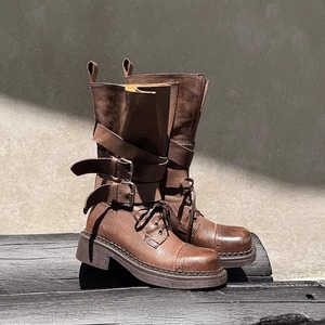 Bottes mi-mollet en cuir pour femme, style western, à boucle vintage, talon moyen, semelle épaisse, automne-hiver - Product Image 2
