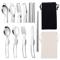 Voyage argenterie Camping en plein air ensemble de couverts Portable couteau pliant fourchette cuillère avec étui pique-nique ensemble de couverts