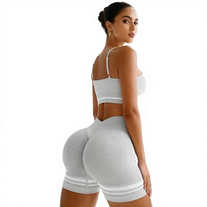 JINSI 2PCS Contrast Color Sports Set Breathable Elastic Waist Quick-Drying Gym Set Yoga Suit Running Sport Backless Bra+Striped - Product Image 2