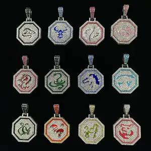 Desainer Kustom Perhiasan Pria Cubic Zirconia Charms Rantai Zodiak Liontin Kalung Stainless Steel