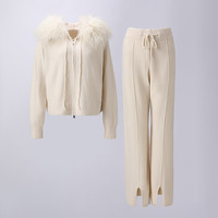 Ensemble de vêtements en tricot de haute qualité avec col en fourrure de Mongolie amovible, pull en laine et pantalon pour femmes pour l'hiver