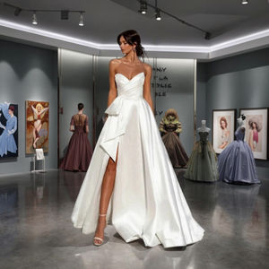 Abito da Sera Elegante e Sexy in Raso Bianco Puro, <span class=keywords><strong>Taglie</strong></span> <span class=keywords><strong>Forti</strong></span>, Spalle Scoperte, Vita Naturale, Lunghezza a Terra - Product Image 5