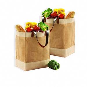 Bolso de mano grande de yute y cuero de algodón ecológico, bolso de compras de yute reutilizable con correa de piel sintética - Product Image 1