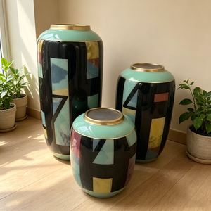 <span class=keywords><strong>Set</strong></span> di Vasi in Ceramica con Motivo Geometrico Astratto Moderno e Bordo Verde - Product Image 5