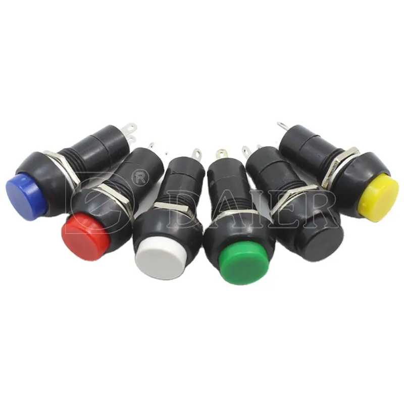 विभिन्न रंग के प्लास्टिक एसपीएसटी पुश बटन 3ए 250वीएसी 2पिन लैचिंग पुश बटन स्विच 12एमएम एबीएस