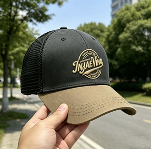 Custom 3D Gold Embroidery Trucker Hat <b>Black</b> & Khaki 6 Panel Mesh Back <b>Baseball</b> <b>Cap</b> Unisex Trucker <b>Cap</b> Two-Tone Mesh Hat - Product Image 6