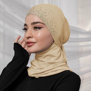Rhinestone Embellished <b>Tie</b> <b>Back</b> Hijab Cap Crystal Linen Simple Headscarf Hat Ethnic Style Headwear Instant Hijab Caps - Product Image 5