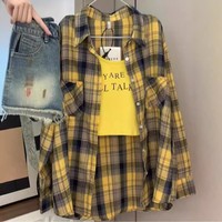 Camisa a cuadros estilo coreano para mujer, oversize, de manga larga, con botones, estilo casual urbano, blusa holgada con hombros caídos, diseño vintage a cuadros en la parte delantera.