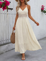 Robe longue bohème décontractée beige personnalisable à bretelles fines et taille en dentelle froissée pour femme