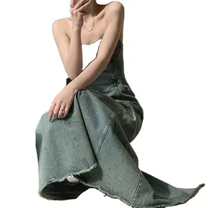 Temperament Retro Blue Strapless Dress Female Spring 2024 New Slim Denim A-line Skirt Long Skirt