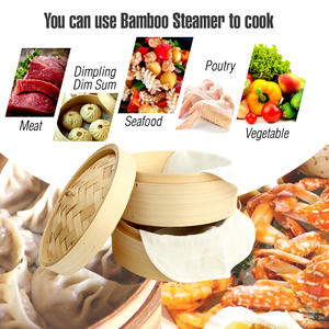 Бамбуковая Пароварка в комплекте, корзина, 8 дюймов, китайская корзина для варки пельменей Dim Sum с паровой тканью, 2 шт. и фарфоровая тарелка для варки, 1 шт. - Product Image 4
