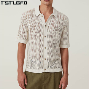 Magliette Polo in Cotone Lavorato a Maglia <span class=keywords><strong>con</strong></span> Logo Jacquard Personalizzato OEM/ODM, Maglioni a Maniche Corte, T-shirt <span class=keywords><strong>Oversize</strong></span> in Maglia all'Uncinetto per Uomo - Product Image 1