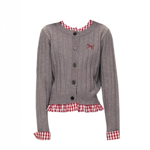 Cardigan en tricot pour femme Dalang, coupe ajustée, patchwork à carreaux, couleurs contrastées, pull printemps-automne anti-boulochage - Product Image 2