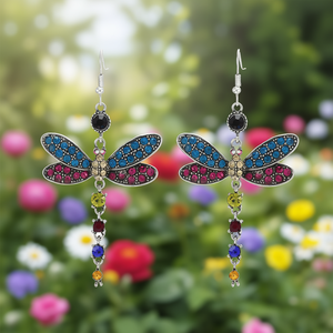 Boucles d'oreilles libellule colorées pour femmes, plaqué argent antique, strass en cristal, bijoux de fête à la mode - Product Image 2