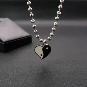 Tai Chi Yin Yang Heart Charm Enamel Pendant Necklace for Girls Love Heart Jewelry