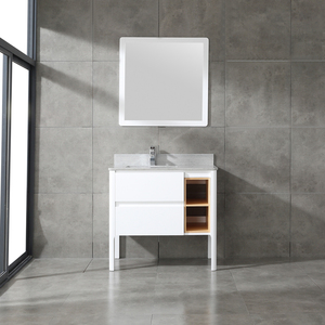 White Modern Solid Wood Bathroom Vanity with White Frame <b>Mirror</b> Grey Stone Top 2 Drawers Side Open Storage Shelves Freestanding - Product Image 1