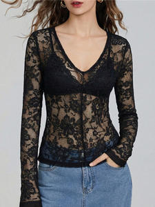 Nouveau haut en tricot pour femmes, sexy, semi-<span class=keywords><strong>transparent</strong></span>, en dentelle, t-shirt pour femmes, col en V, manches longues, pull en dentelle - Product Image 2