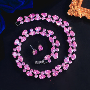 Magnifique collier et boucles <span class=keywords><strong>d</strong></span>'oreilles pendantes en rhodium plaqué avec zircon cubique rose pour femmes, bijoux de costume pour mariées - Product Image 5