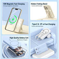 Cargador Portátil Magnético 2 en 1 con Cable Integrado, Delgado, 10000mAh, 15W, Inalámbrico, con Soporte Plegable, Gran Venta