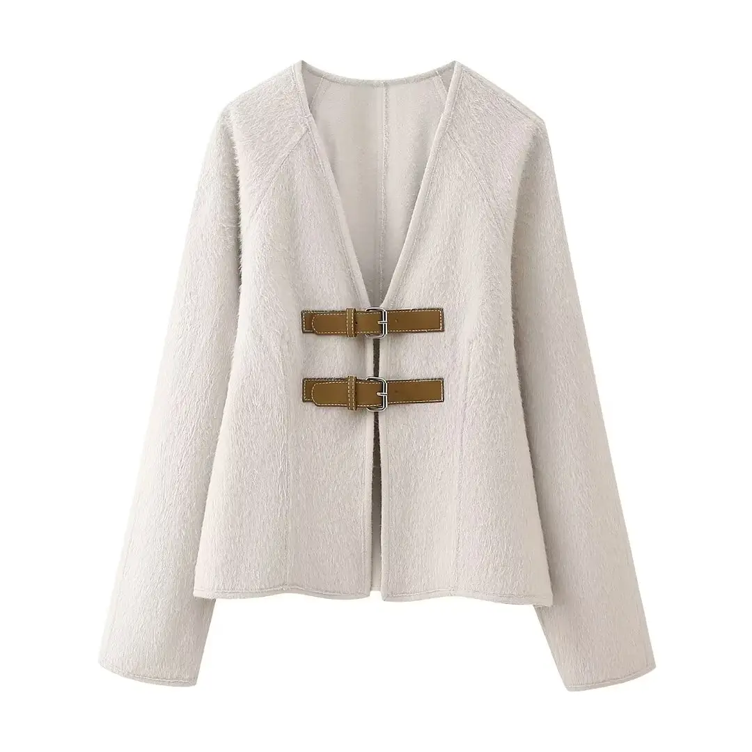 MYST&ZA Women's 2024 Spring and Summer New Casual Versatile V-neck Long Sleeve Contrast Color Belt Decorated Soft Jacket 1255794