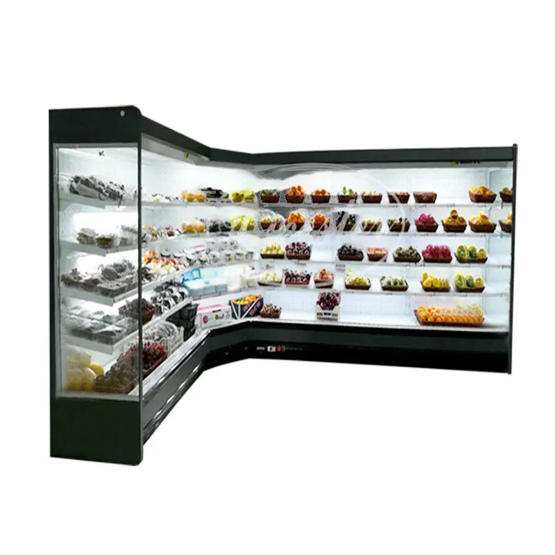 Refrigerador de 2500mm x 2 de diseñador, escaparate abierto Deli, refrigerador de exhibición de supermercado, armario vertical de esquina, tienda de nevera