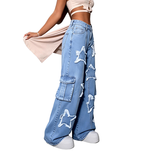 <span class=keywords><strong>Pantaloni</strong></span> Cargo Casual a Vita Alta, Jeans a Gamba Larga <span class=keywords><strong>con</strong></span> Patch a Stella, <span class=keywords><strong>Pantaloni</strong></span> Streetwear Baggy <span class=keywords><strong>con</strong></span> <span class=keywords><strong>Tasche</strong></span> Cargo, Denim Azzurro da <span class=keywords><strong>Donna</strong></span> - Product Image 4