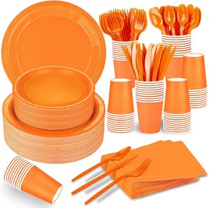 Kit de Vaisselle Jetable Orange en Gros – Assiettes, Gobelets, Serviettes et Couverts pour Décoration de Fête d'Anniversaire - Product Image 1