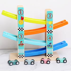 Wooden Ramp Race Toy Track Car for Kids Early Education Glider Rail Car Four Track Wooden Glider Toy