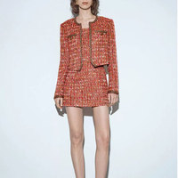 Costume jupe deux pièces élégant en tweed pour femme-Ensemble veste et mini jupe de style européen