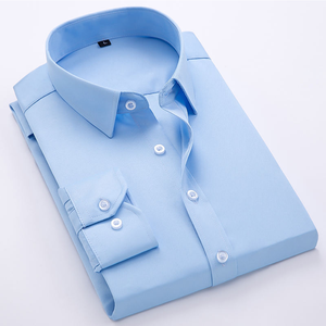 เสื้อเชิ้ตผ้าฝ้ายสีทึบสำหรับผู้ชายแขนยาวป้องกันริ้วรอยปกคอพับแบบคลาสสิก - Product Image 4