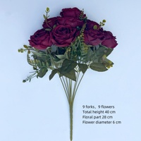 PT-R052 Vente en gros de fleurs artificielles de haute qualité, bouquet de 9 têtes de roses en soie, grand bouquet de roses