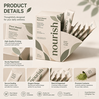 Boîte pliante en papier écologique recyclable avec logo personnalisé, pelliculage mat et gaufrage pour l'emballage de poudre protéinée en sachet.
