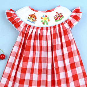 Babeeni Girls Hand Smocked Embroidered Gingham Dress Petal Sleeve A-Line Cotton Spring Outfit - Product Image 1