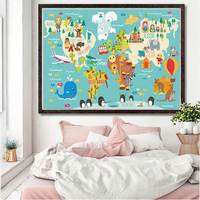 Póster Infantil Moderno con Mapa del Mundo Oceánico de Animales de Dibujos Animados, Impresión en Lienzo sin Marco, Arte de Pared para Bebés y Dormitorios