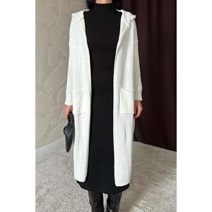 Cárdigan largo de punto blanco con capucha y estampado en la espalda para mujer, ropa informal, tela antipilling. - Product Image 3