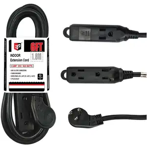 Low Profile 6 Ft Flat Plug Extension Cord - 16 AWG 3 Prong Grounded Cable with 3 Outlets, for Indoor Use, Black, UL Listed