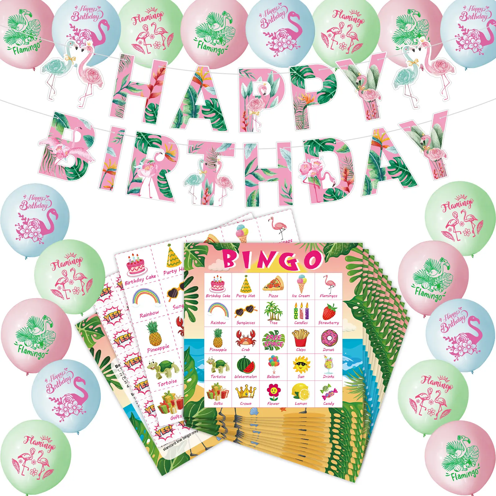 Гавайский фламинго, баннер на день рождения, игры в бинго, карты, пастельные цветные латексные шары для летних праздников, украшения для вечеринки